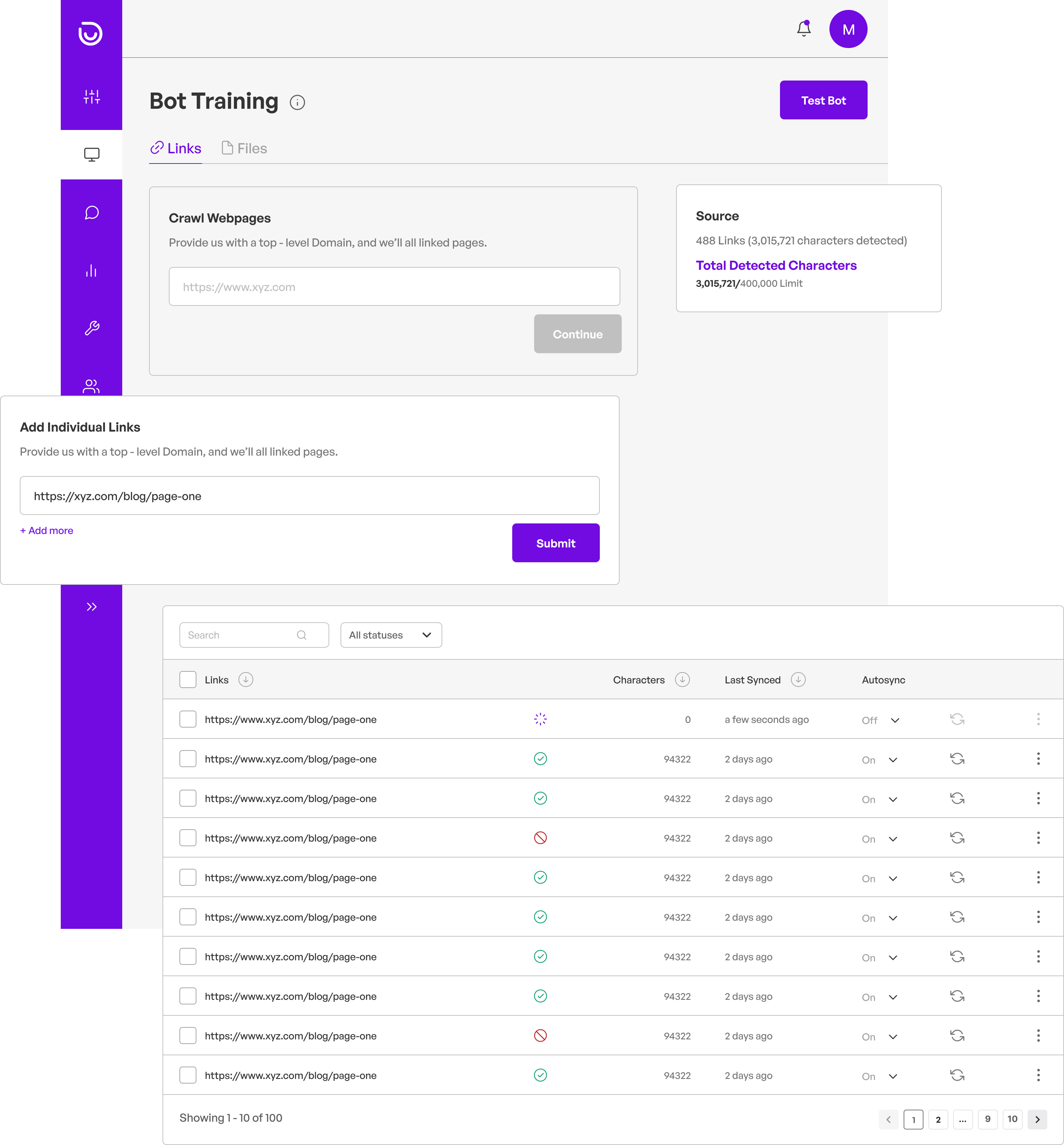 Bot training setup UI